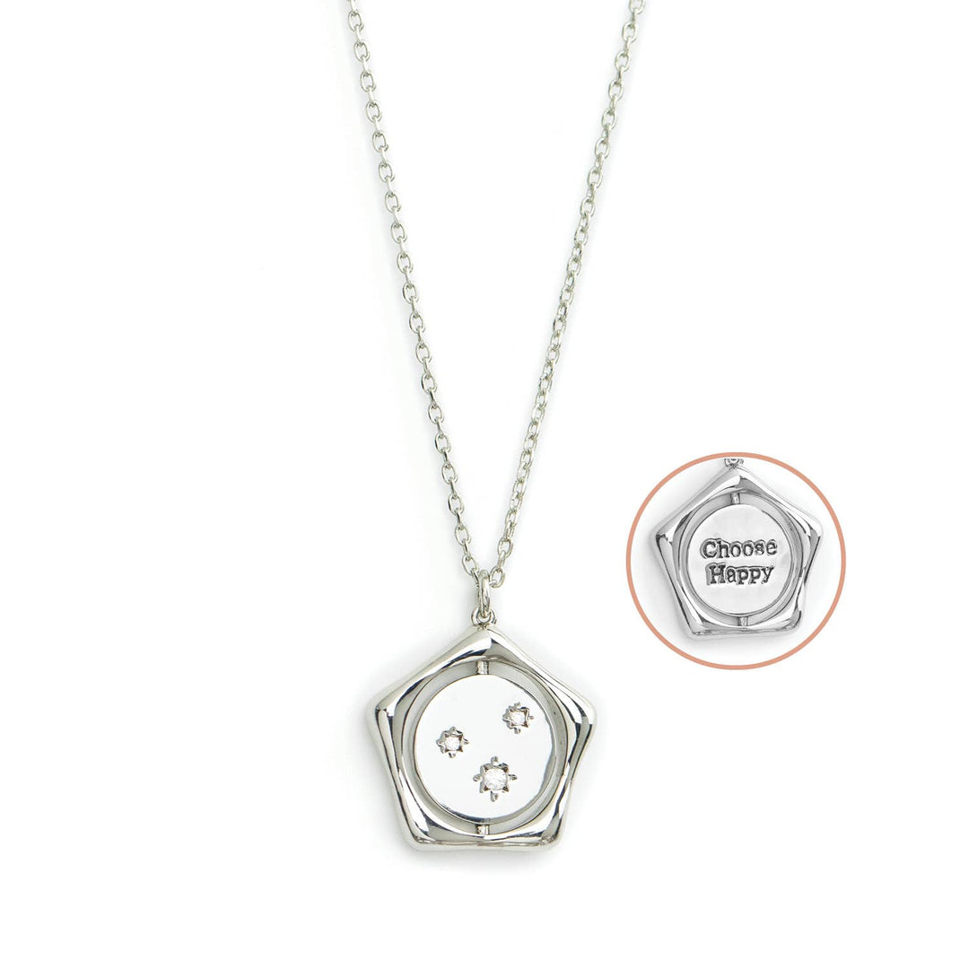 Choose Happy + Multi Starburst Flip Necklace - Silver