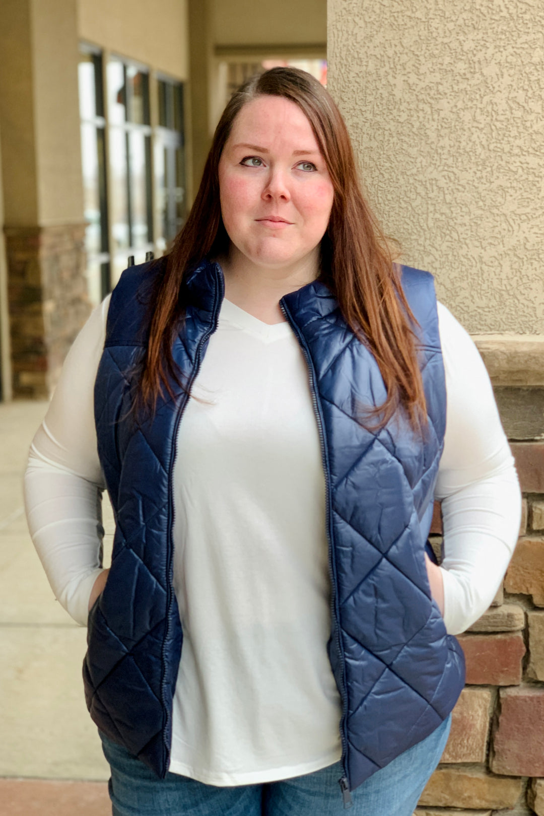 Marie Quilted Puffer Vest - Navy | (Size 3X)