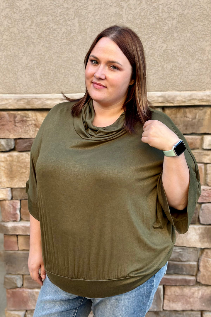Candice 3/4 Sleeve Cowl Neck Top - Olive
