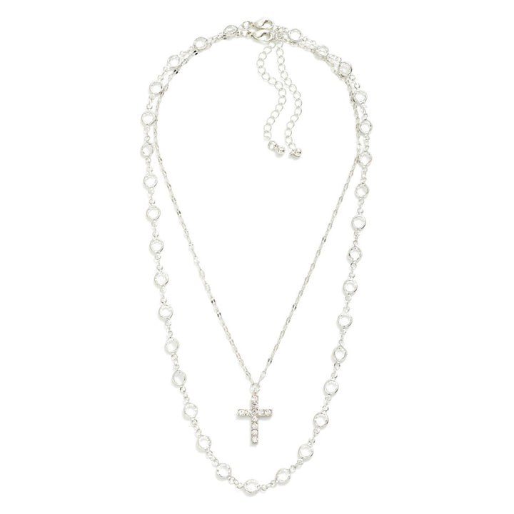 Silver Rhinestone Studded Necklace with Cross Pendant