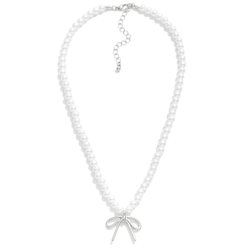 Pearl Bead Necklace Featuring Bow Pendant - Silver