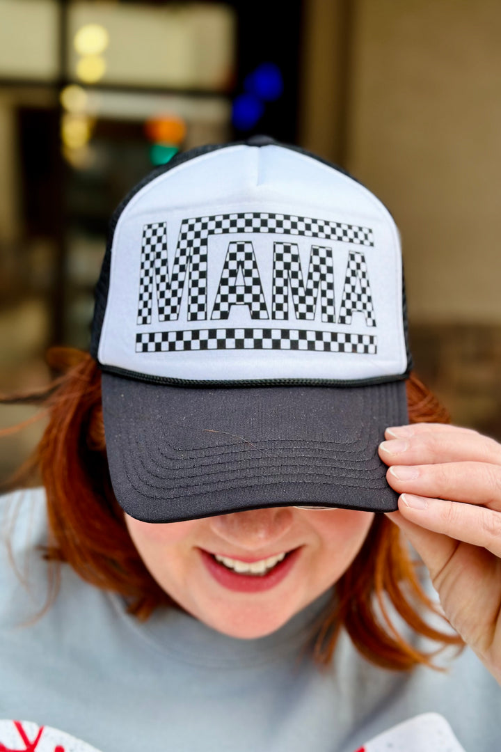 Mama Checkered Ponytail Trucker Hat