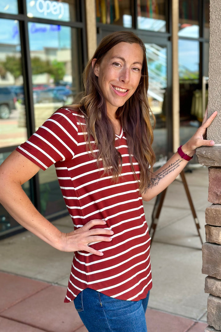 Amanda Striped Short Sleeve Top - Dark Rust