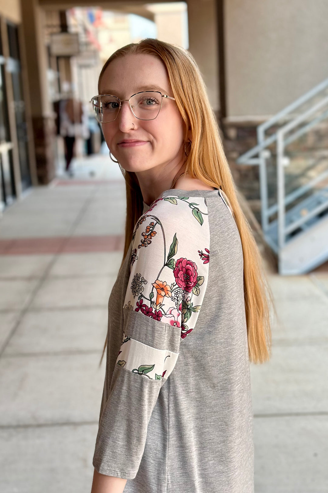 Bree Floral Sleeve Baseball Tee - Grey