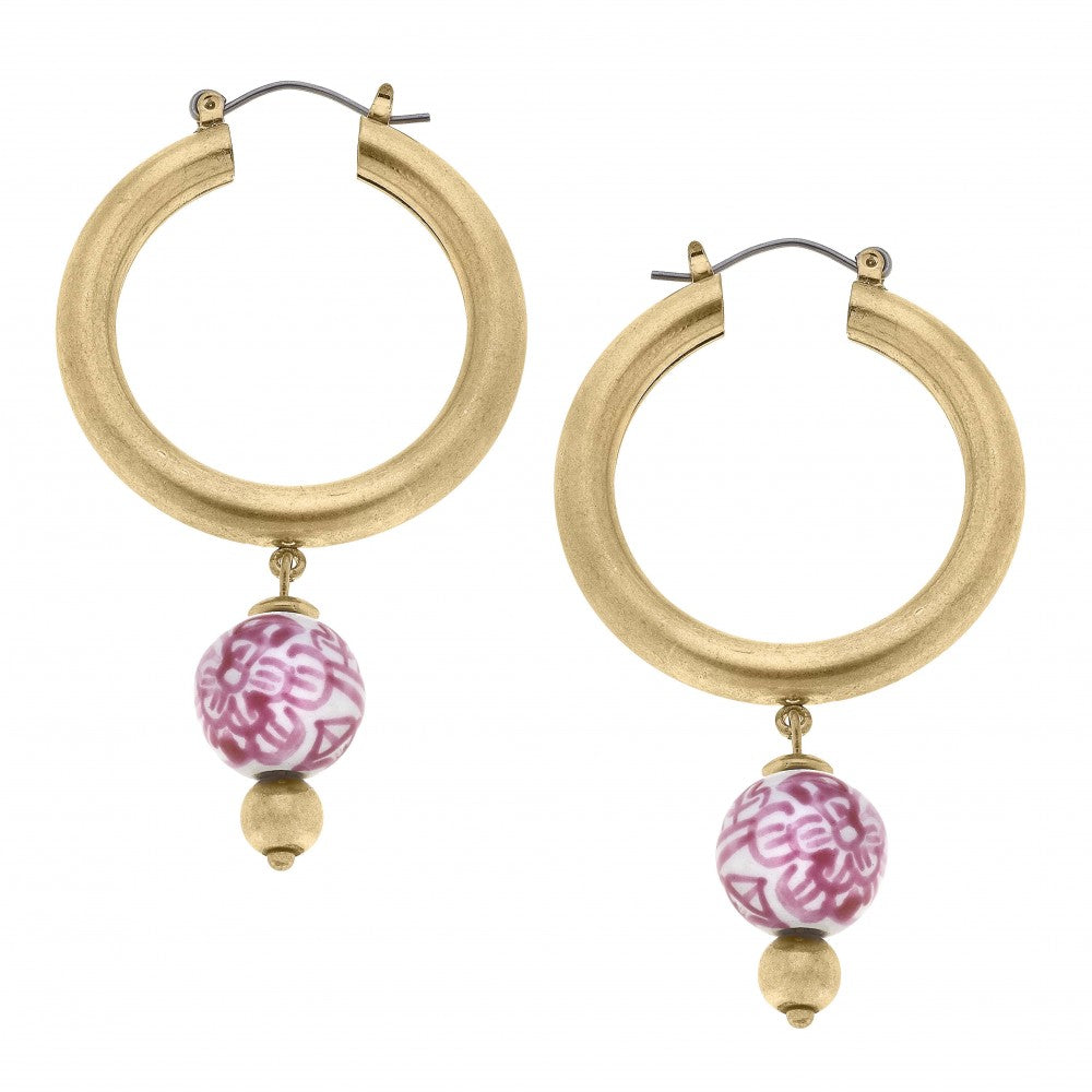 Camille Gold Tone Hoop Earrings with Chinoiserie Bead Charms