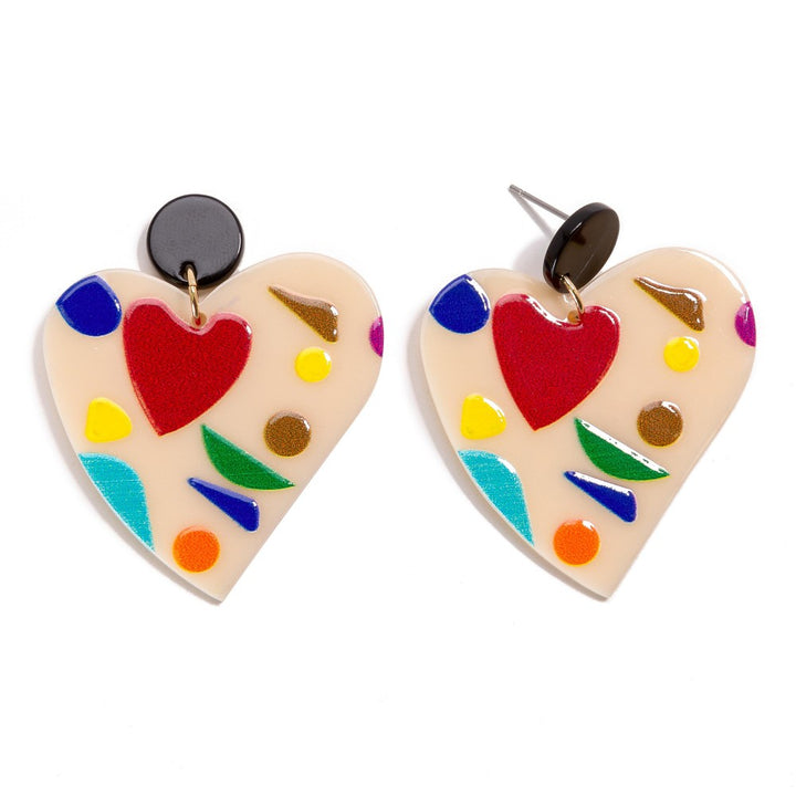 Resin Drop Heart Earrings Featuring Retro Geometric Design