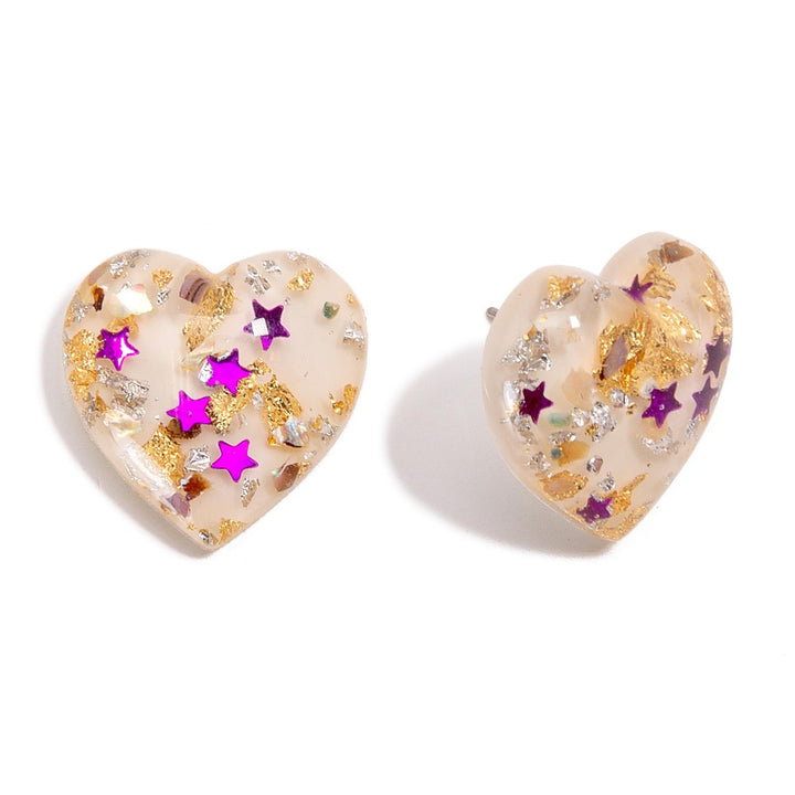 Resin Heart Stud Earrings Featuring Star Glitter Inlay