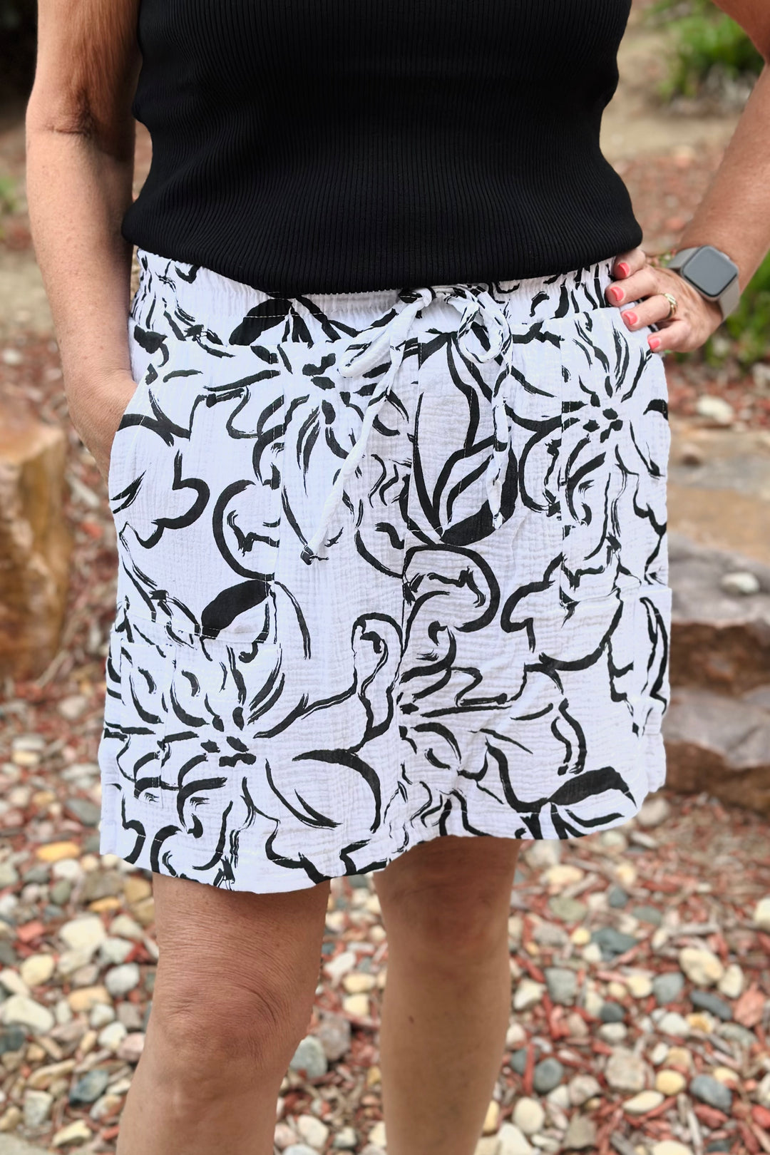 Lauren Cotton Gauze Cargo Pocket Skort - Black + White