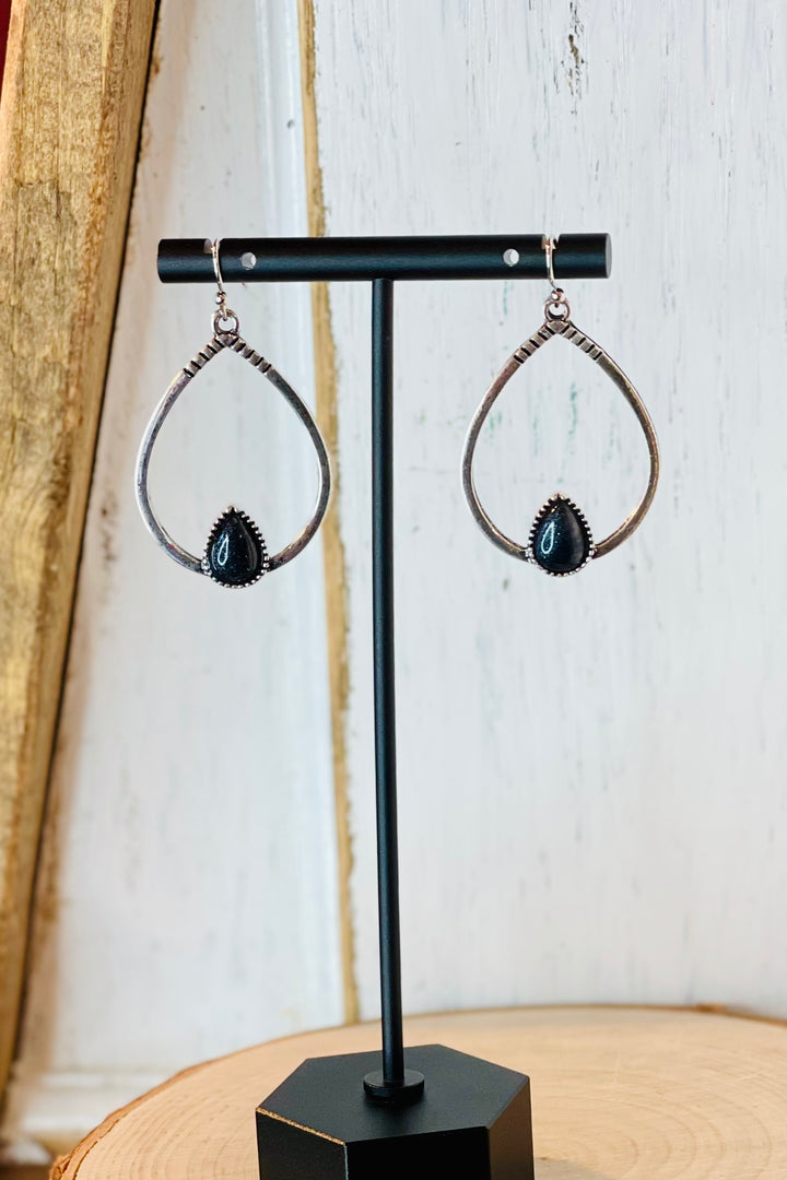 Hammered Teardrop Earrings with Black Stone