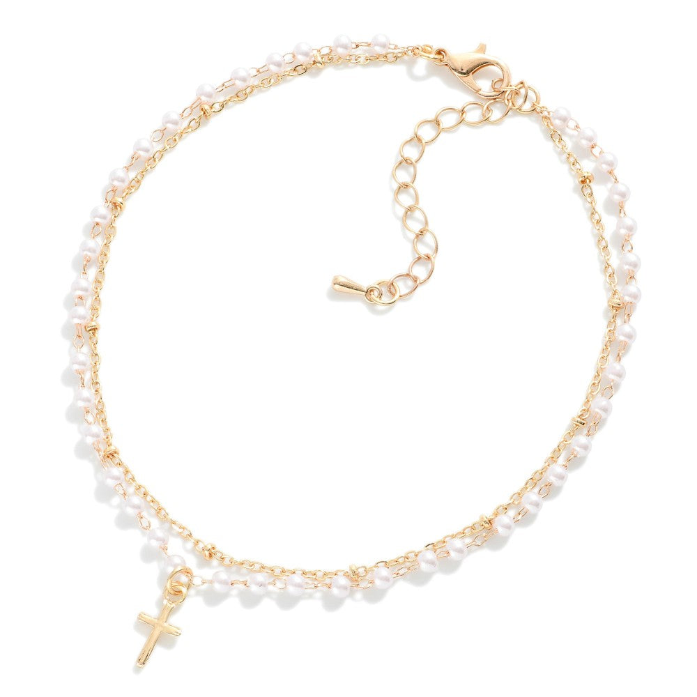 Layered Anklet with Pearls + Cross