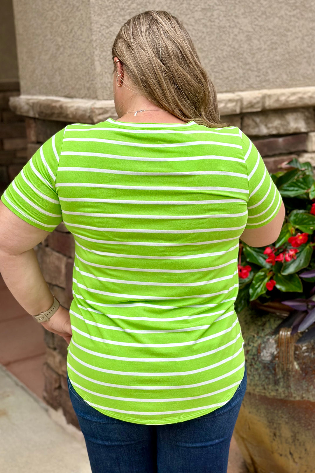 Amanda Striped Short Sleeve Top - Lime Green