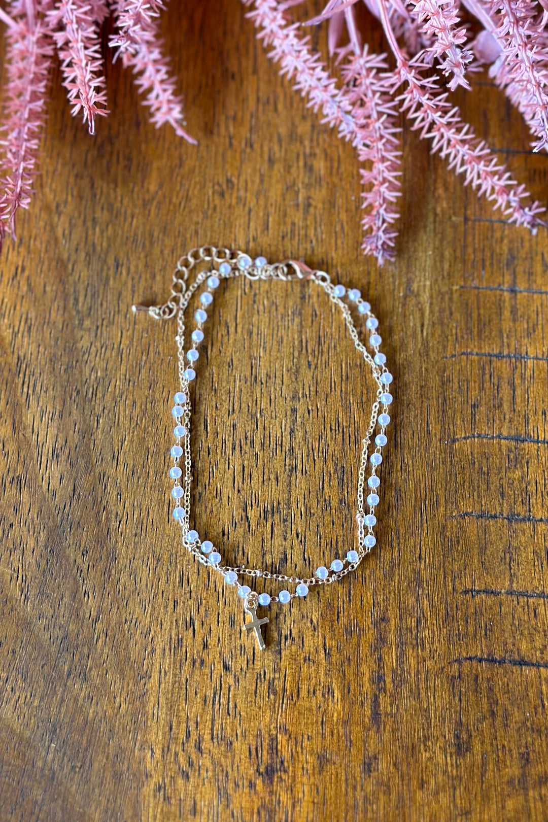 Layered Anklet with Pearls + Cross