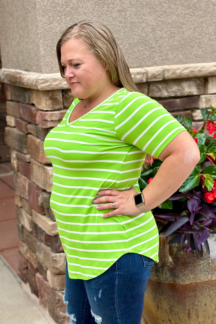 Amanda Striped Short Sleeve Top - Lime Green