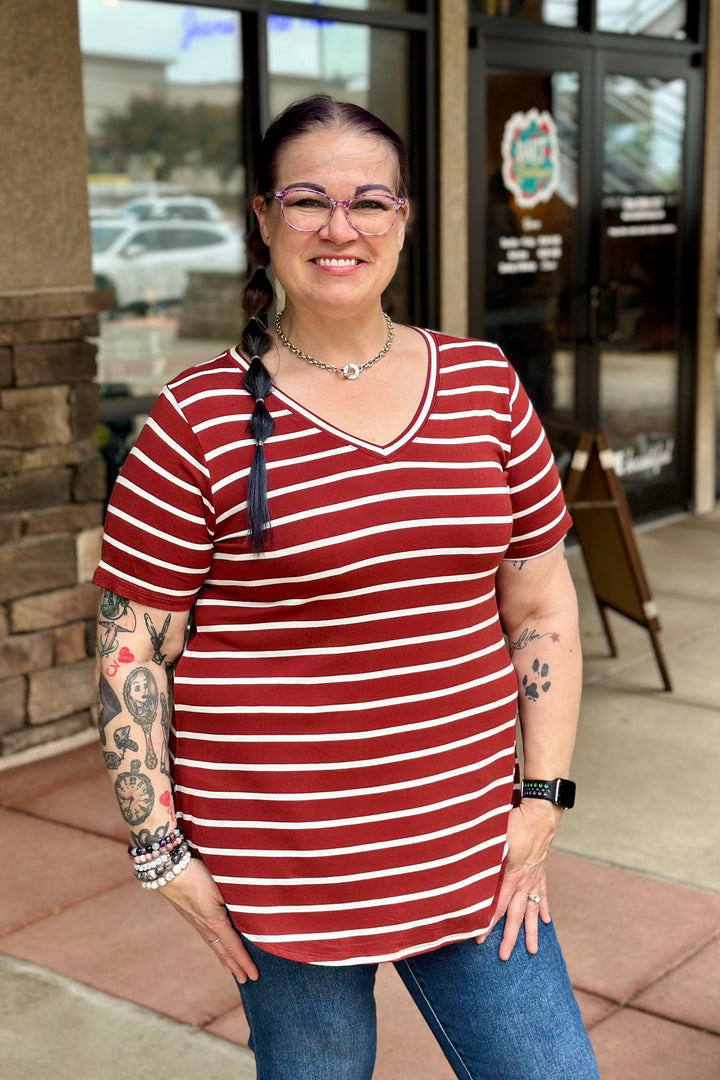 Amanda Striped Short Sleeve Top - Dark Rust