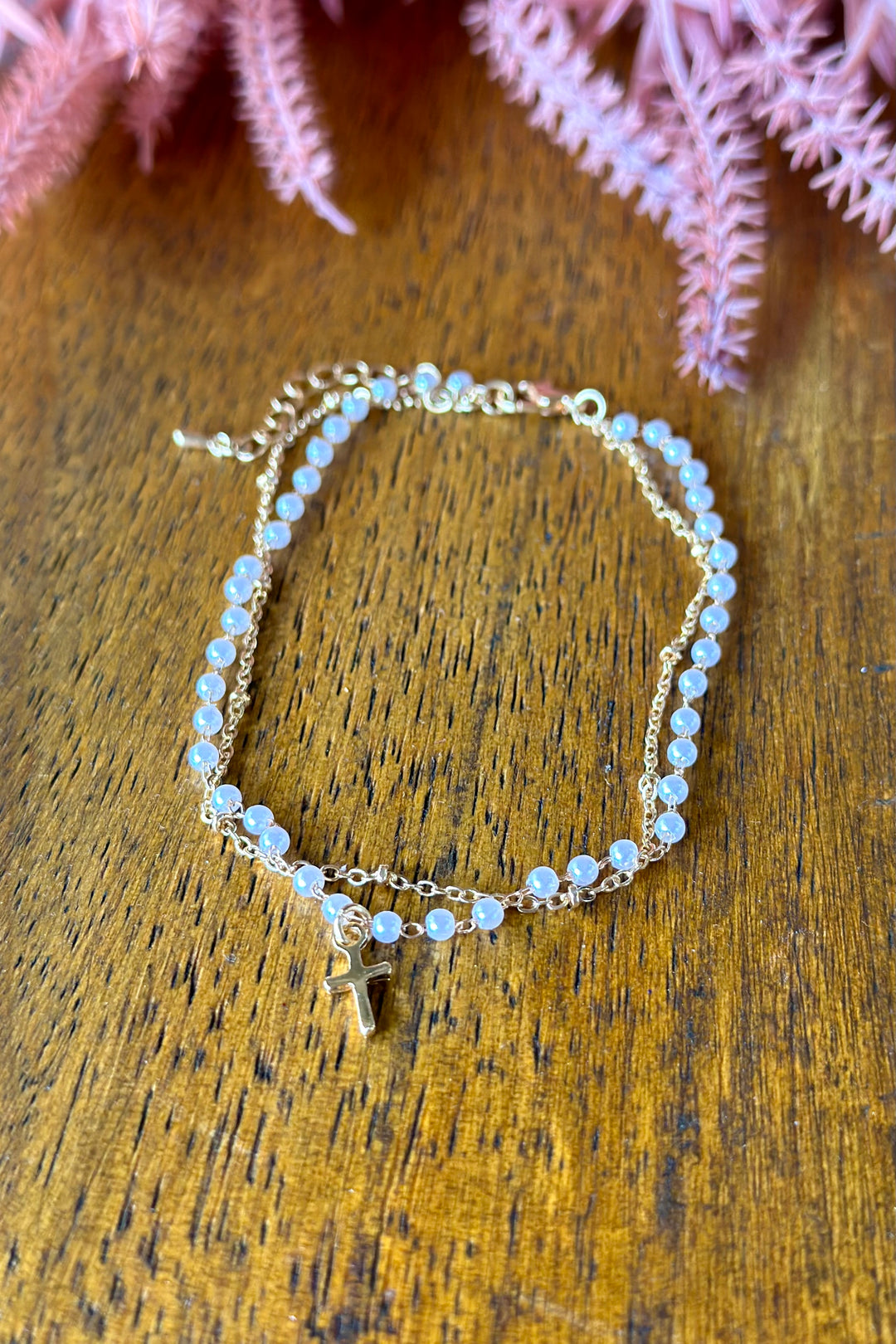 Layered Anklet with Pearls + Cross