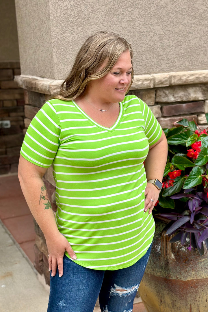 Amanda Striped Short Sleeve Top - Lime Green