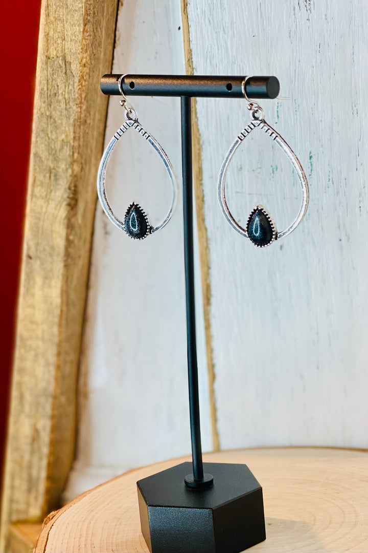 Hammered Teardrop Earrings with Black Stone