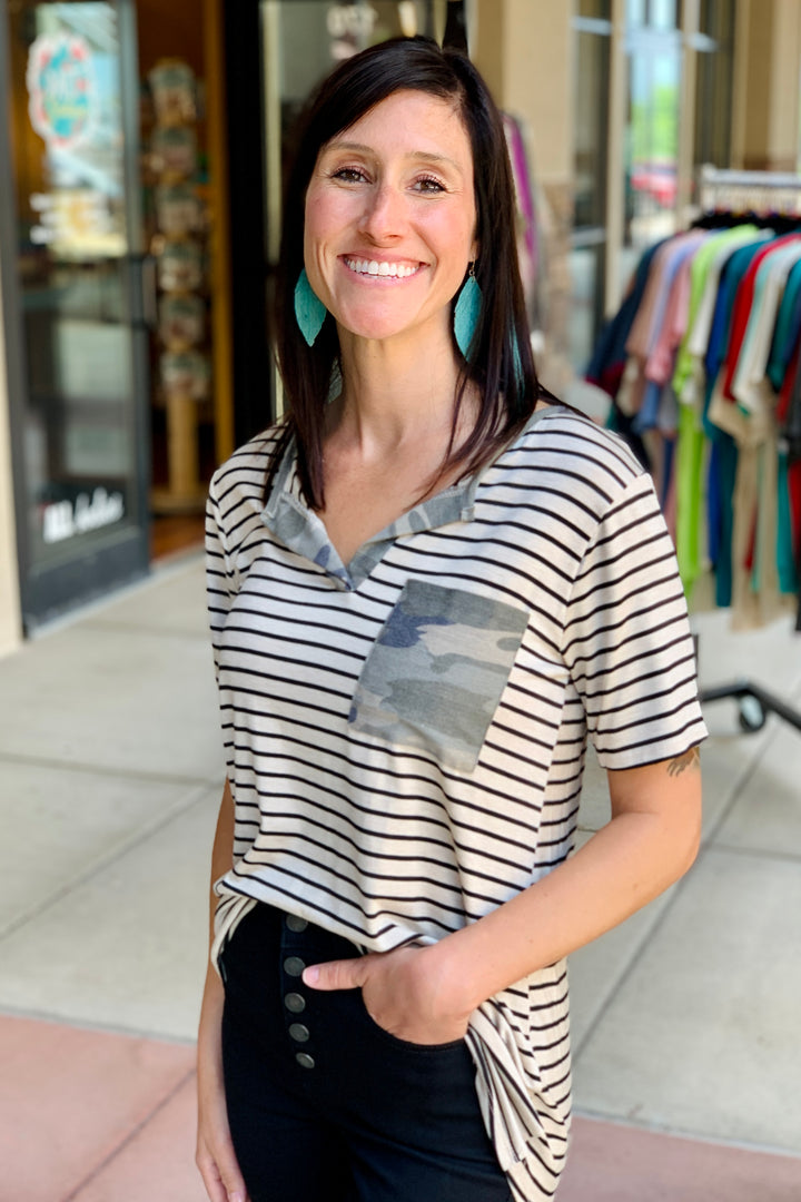 Cameron Striped Top with Camo Pocket