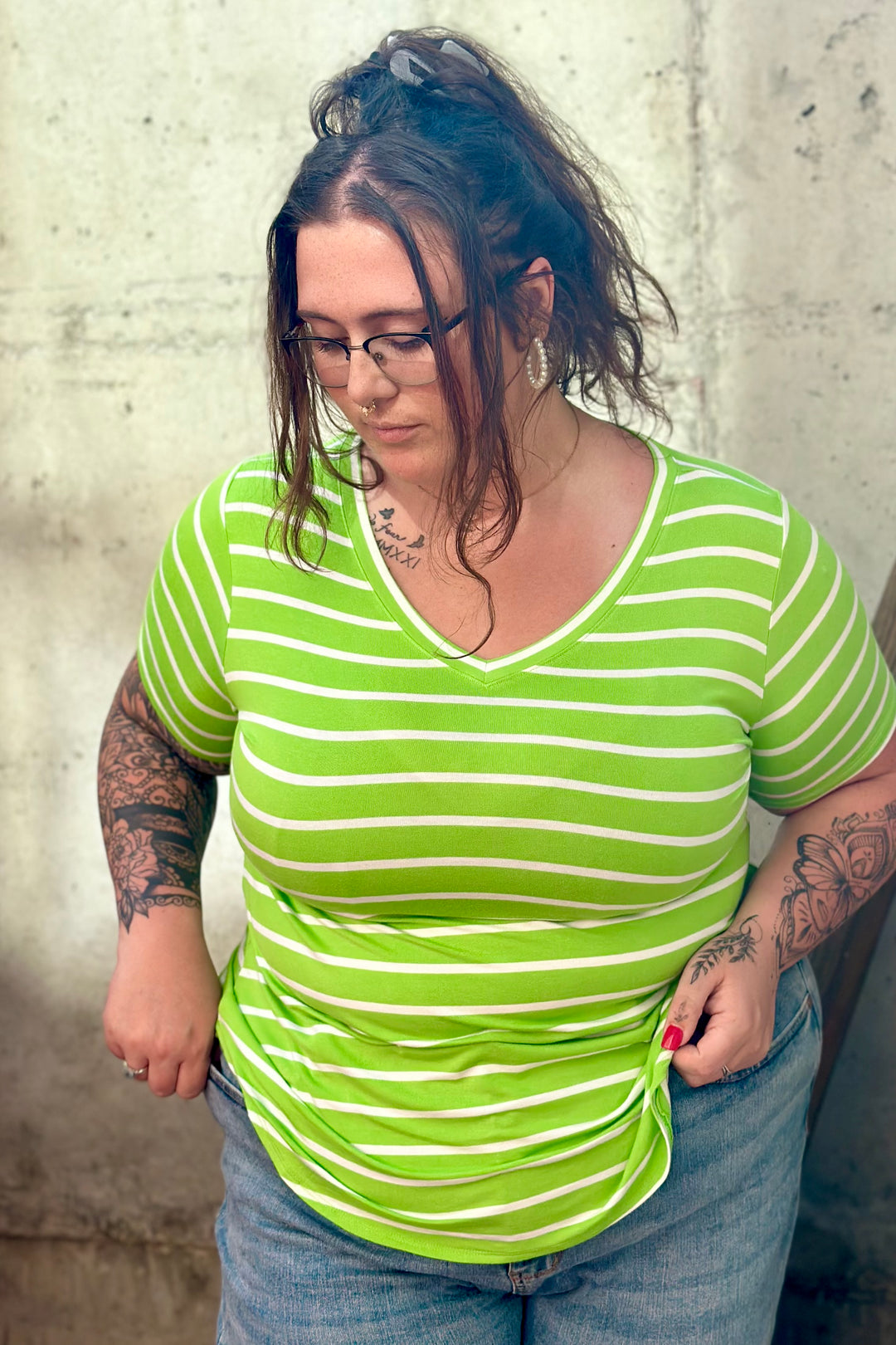 Amanda Striped Short Sleeve Top - Lime Green