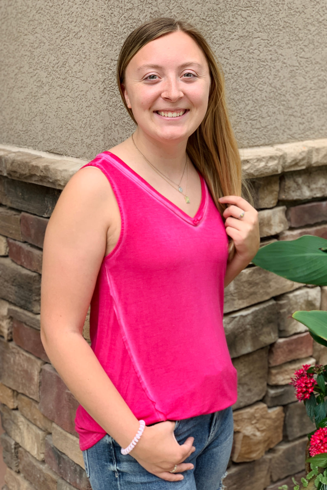 Peggy Sleeveless V-Neck Top - Hot Pink