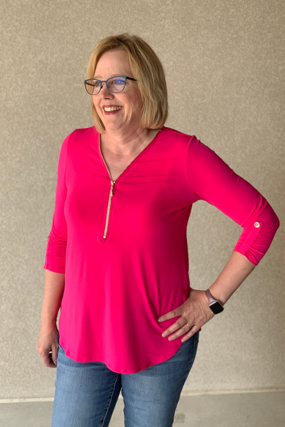 Zara Zip Front Blouse - Hot Pink