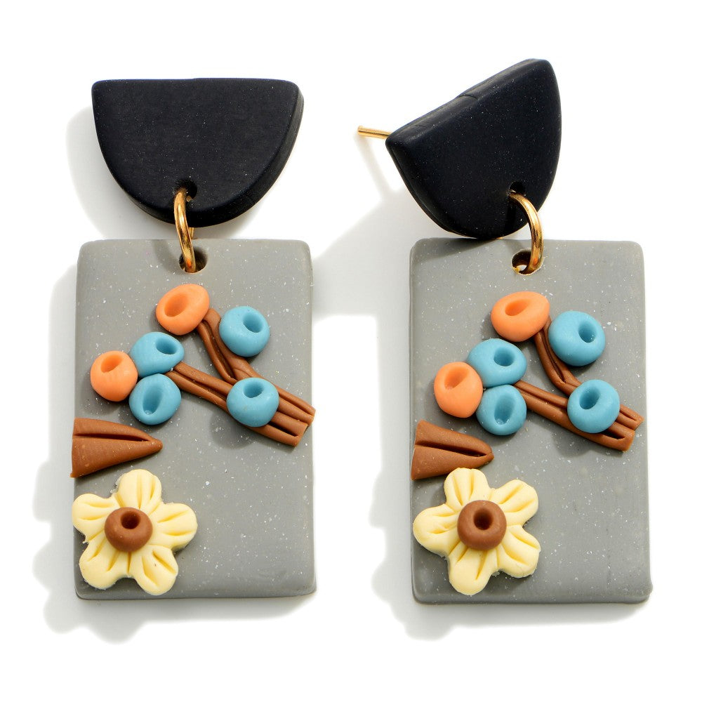 Rectangular Clay Floral Earrings