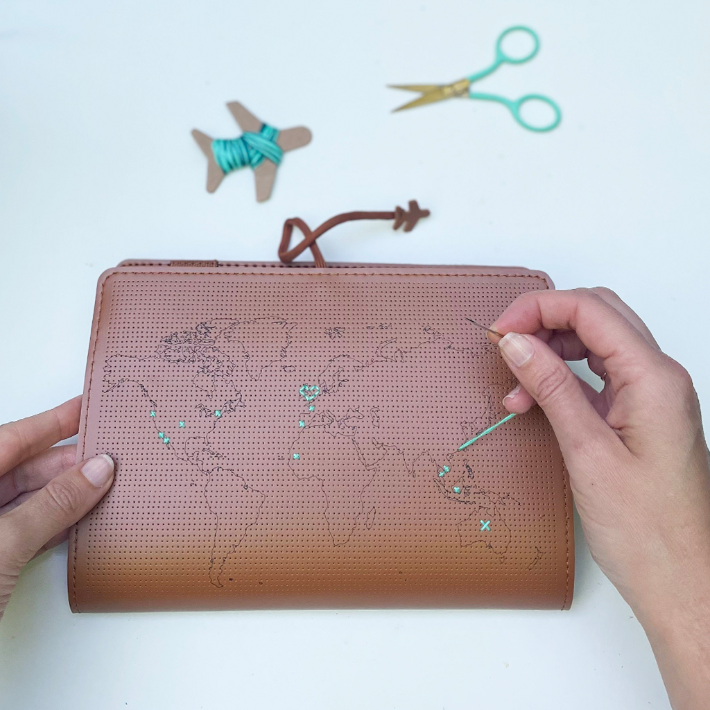 Stitch Your Travels World Map Notebook Kit - Vegan Brown Leather