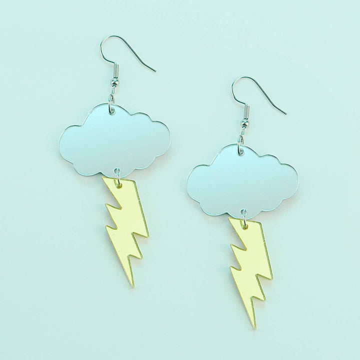 Gold Cloud and Silver Lightning Bolt Earrings