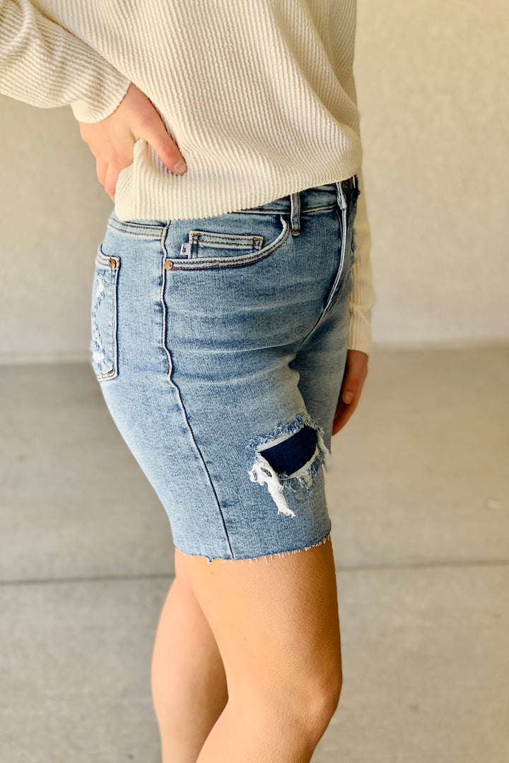 Patina Mid-Length Patch Shorts by Judy Blue