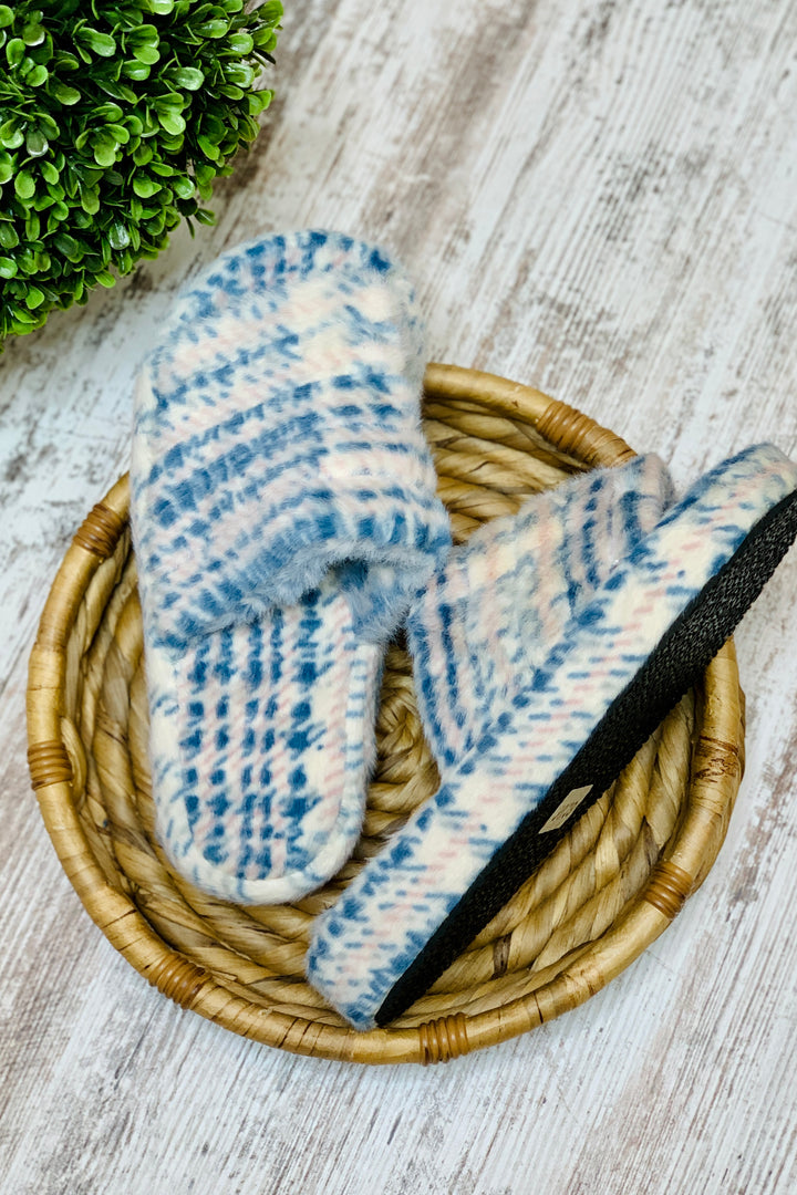 Blue Houndstooth Faux Fur Slippers