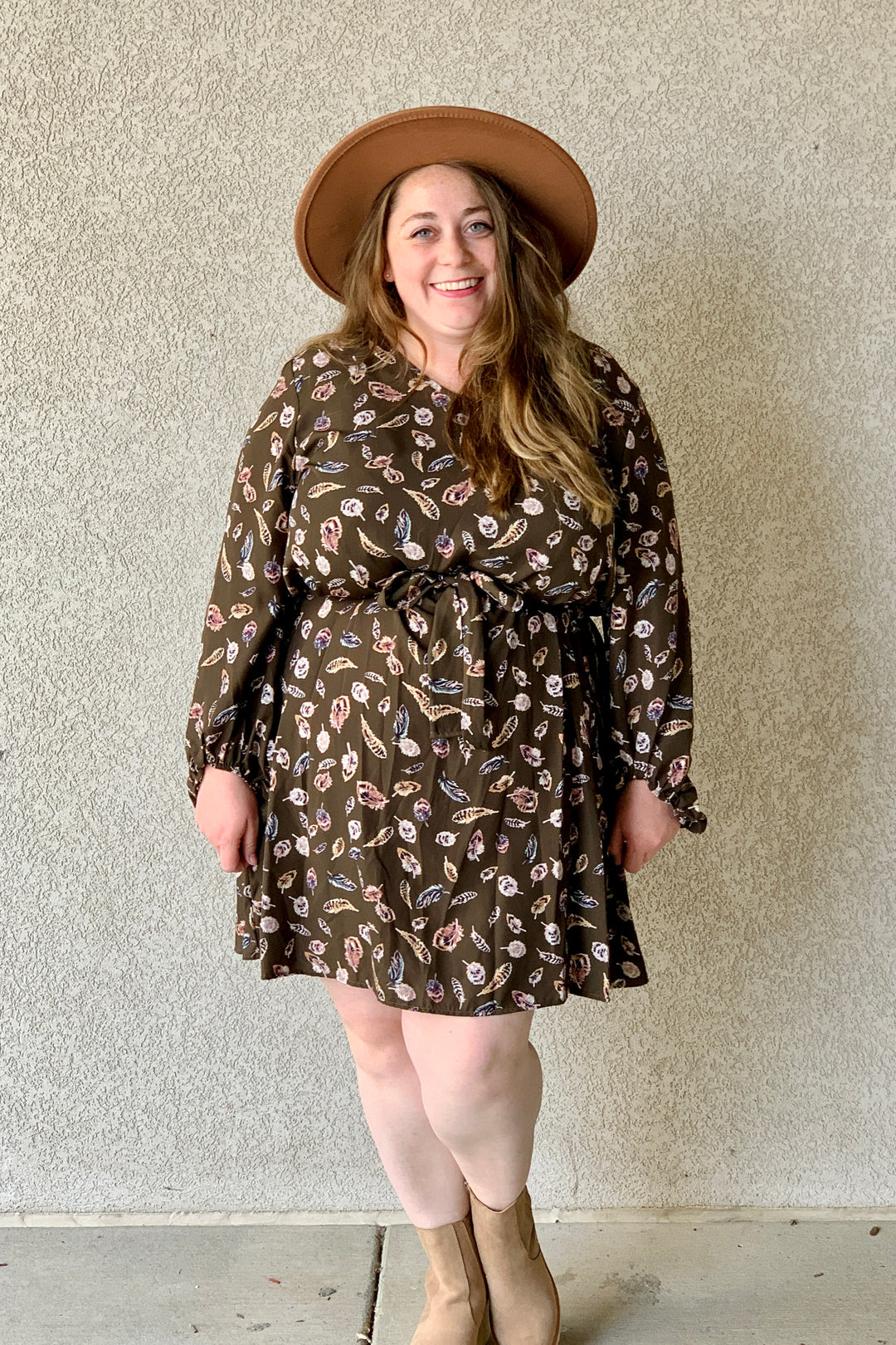 Willow Feather Print Belted Dress